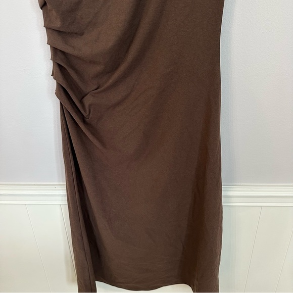 OGL Women’s Mockneck Tucks Midi-Dress Cap Sleeve in Hazelnut Coco Sz L NWT - Picture 4 of 10